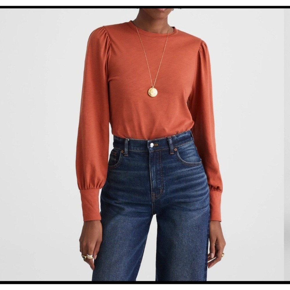 Madewell Top Womens Size XS Smocked Cuff Puff Sleeve Soft Slub Pima Cotton Brick